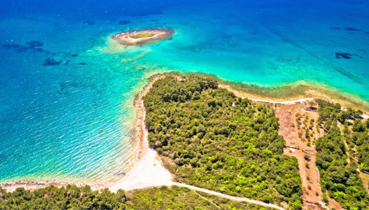 Vista dall'alto della bellissima e naturale spiaggia di Crvena Luka in Croazia, con mare turchese e ricca vegetazione