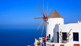 windmill at Oia , Santorini , Cyclades islands, Greece