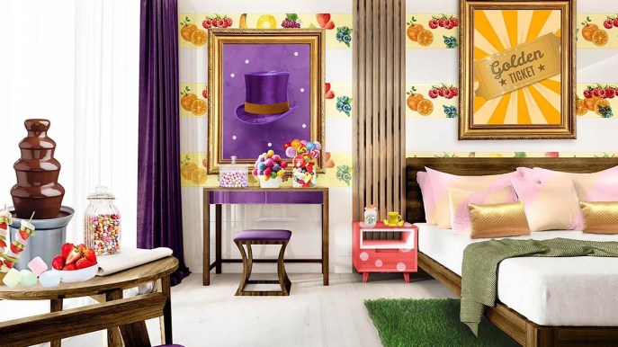 La camera d’albergo ispirata a Willy Wonka  ha una carta da parati da leccare