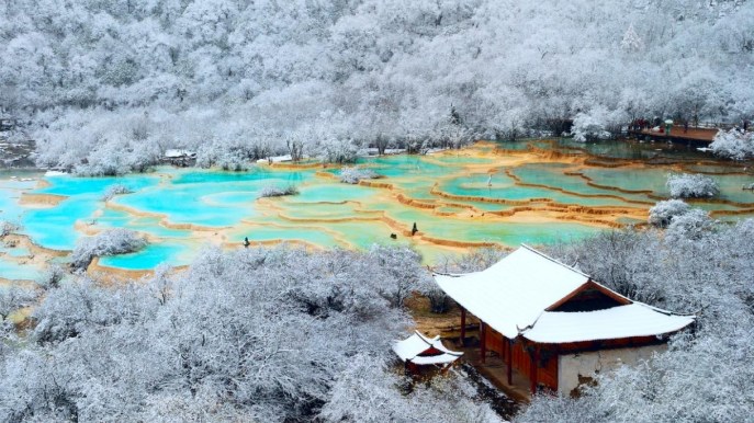 Le piscine naturali che sembrano dipinte da un artista  --- (Fonte immagine: https://siviaggia.it/wp-content/uploads/sites/2/2023/12/Huanglong.jpg?w=687&h=386&quality=90&strip=all&crop=1)