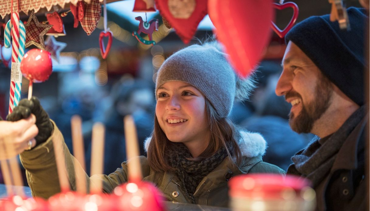 Bambina felice alla bancarella del mercatino di Natale a Brunico