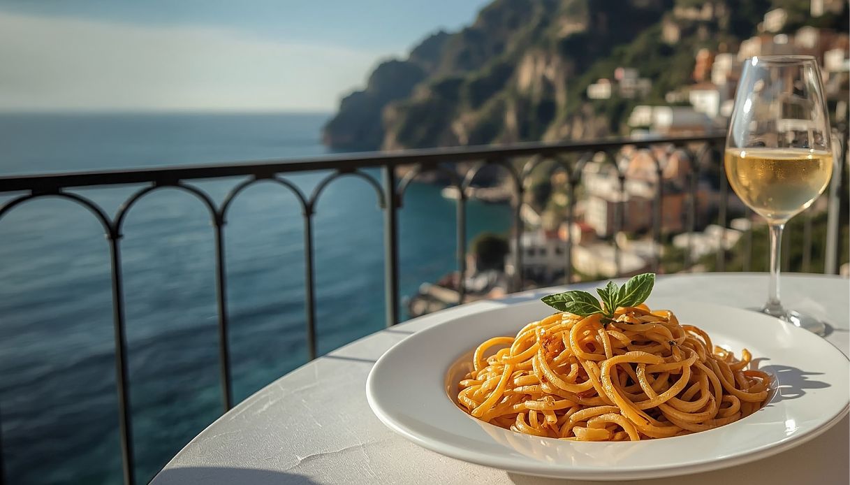 Piatto di spaghetti vista costiera amalfitana