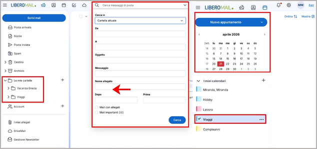 Sezioni cartelle, ricerca e calendario di Libero Mail