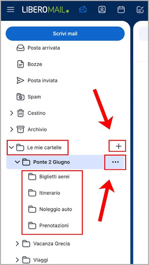 Tasti creazione cartelle di Libero Mail