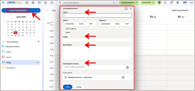 Crea nuovo appuntamento in calendario di Libero Mail