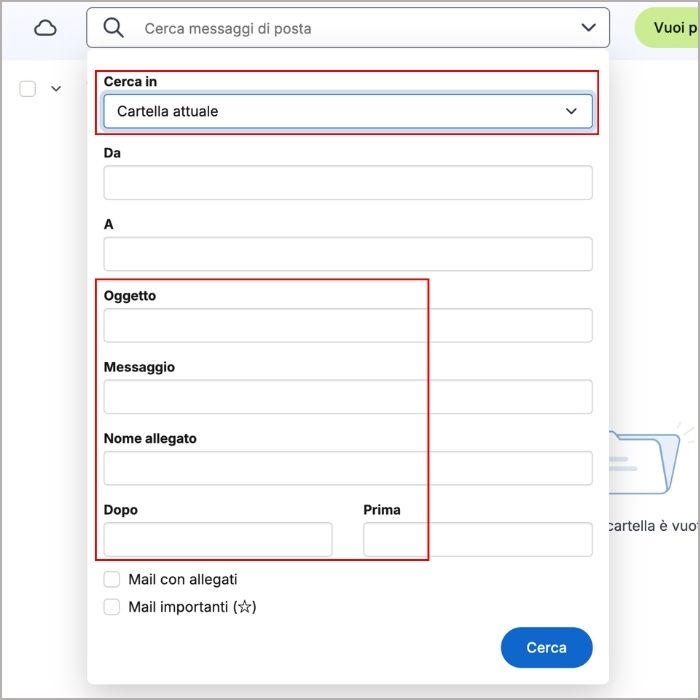 Sezione ricerca avanzata di Libero Mail