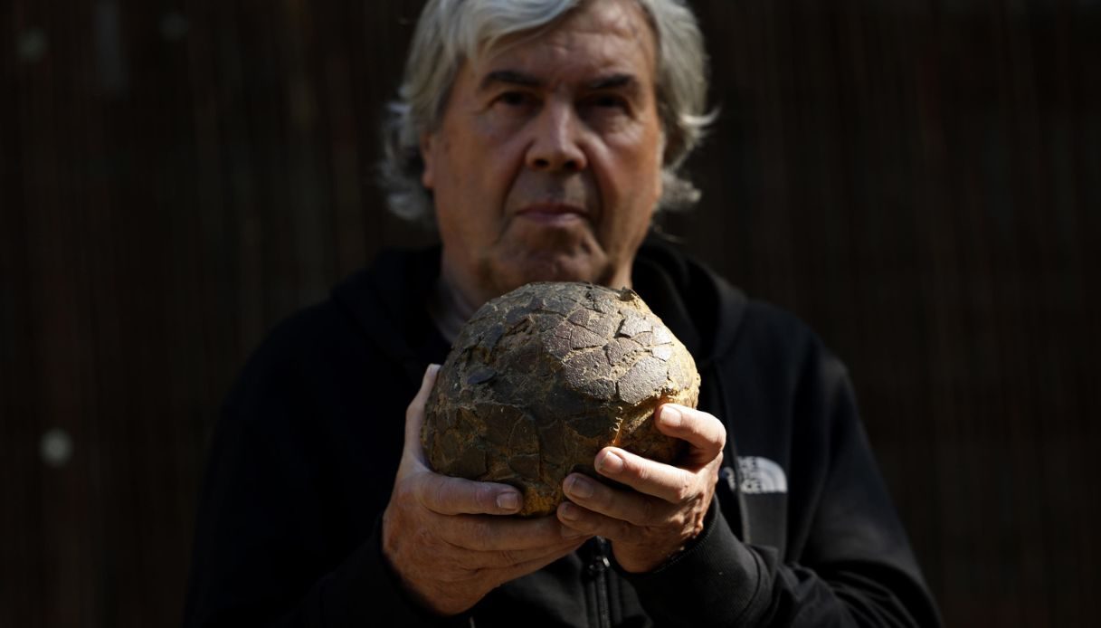 Archeologo con un uovo di dinosauro