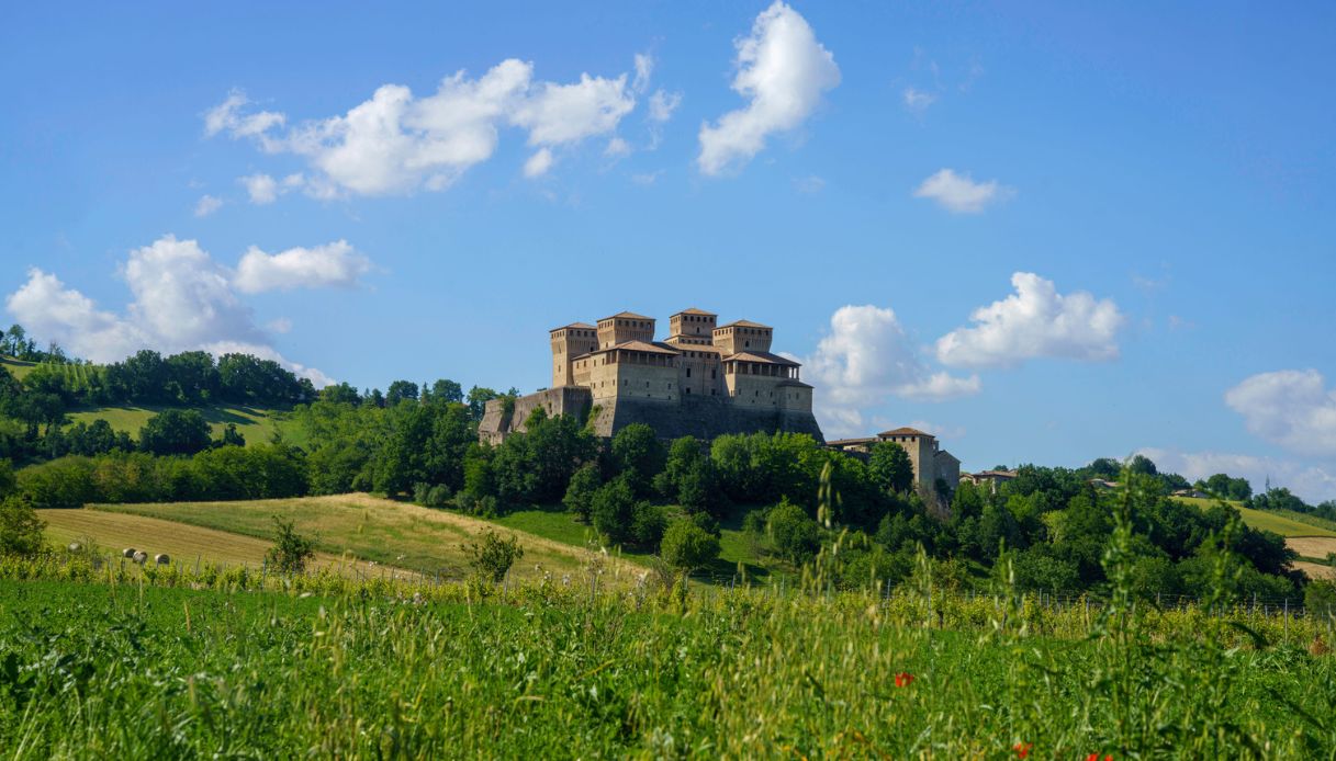 Esterno del castello medievale di Torrechiara, provincia di Parma, Emilia-Romagna