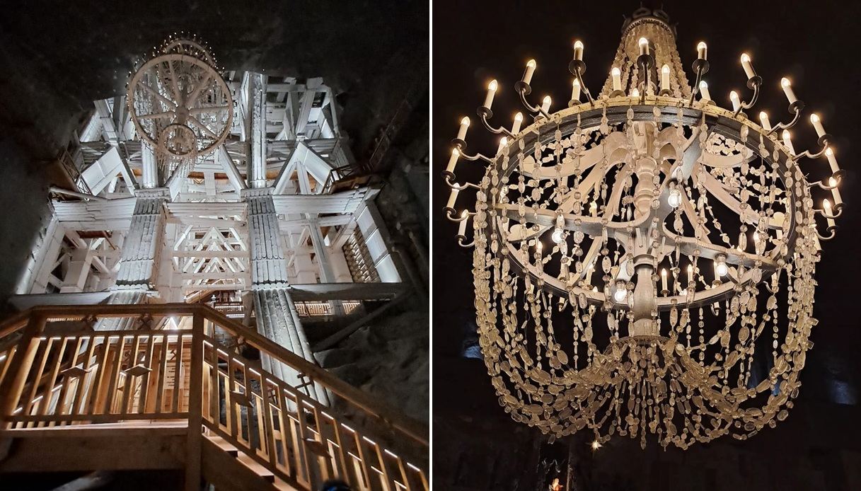 Struttura in legno e lampadario cristalli di sale Miniera Wieliczka